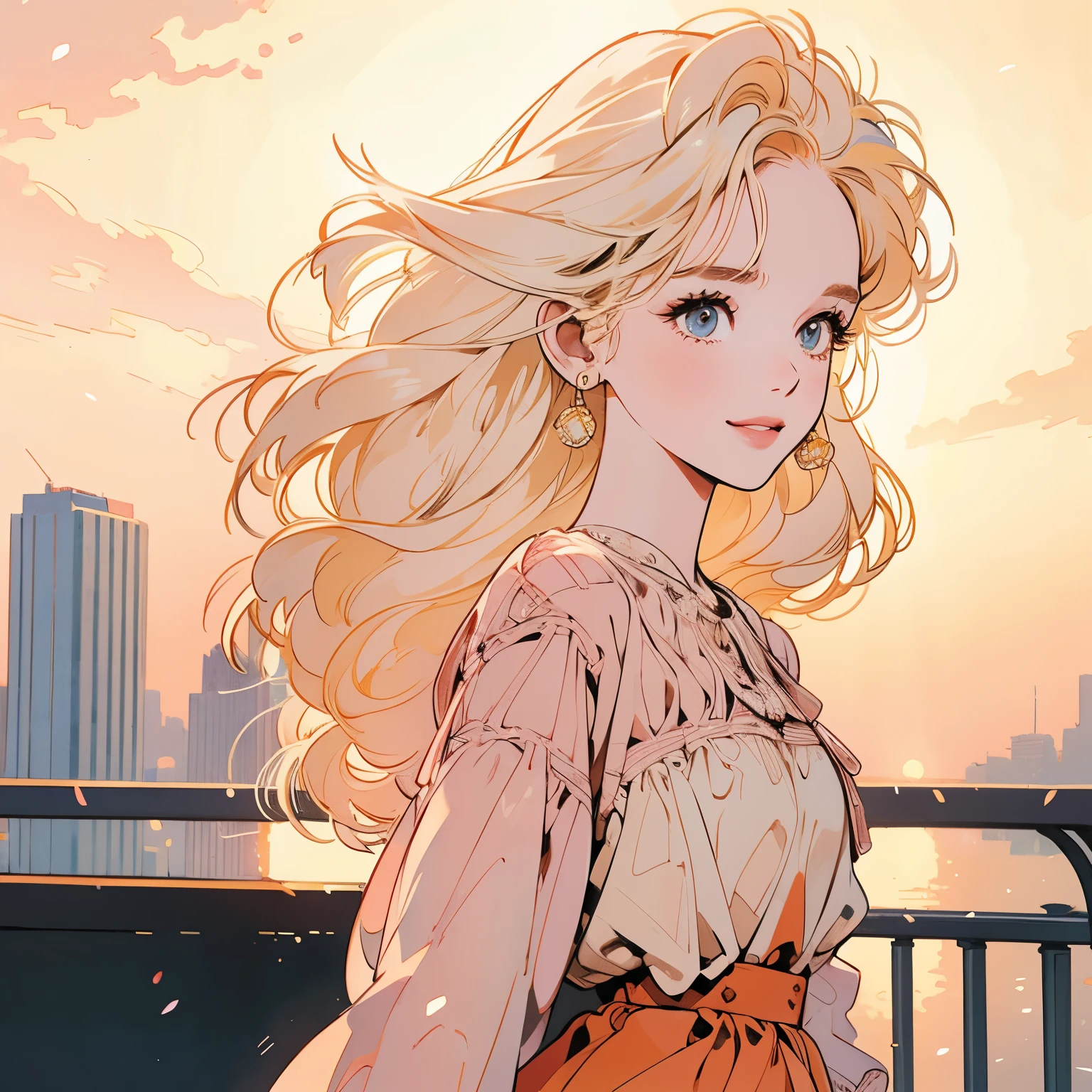 whole body、Kind Face、1 pretty woman、White blouse、Pedestrian bridge、skyscraper、Sunset、Complex background、Detailed Hair、pale golden hair、Faint lighting、smile、There is movement