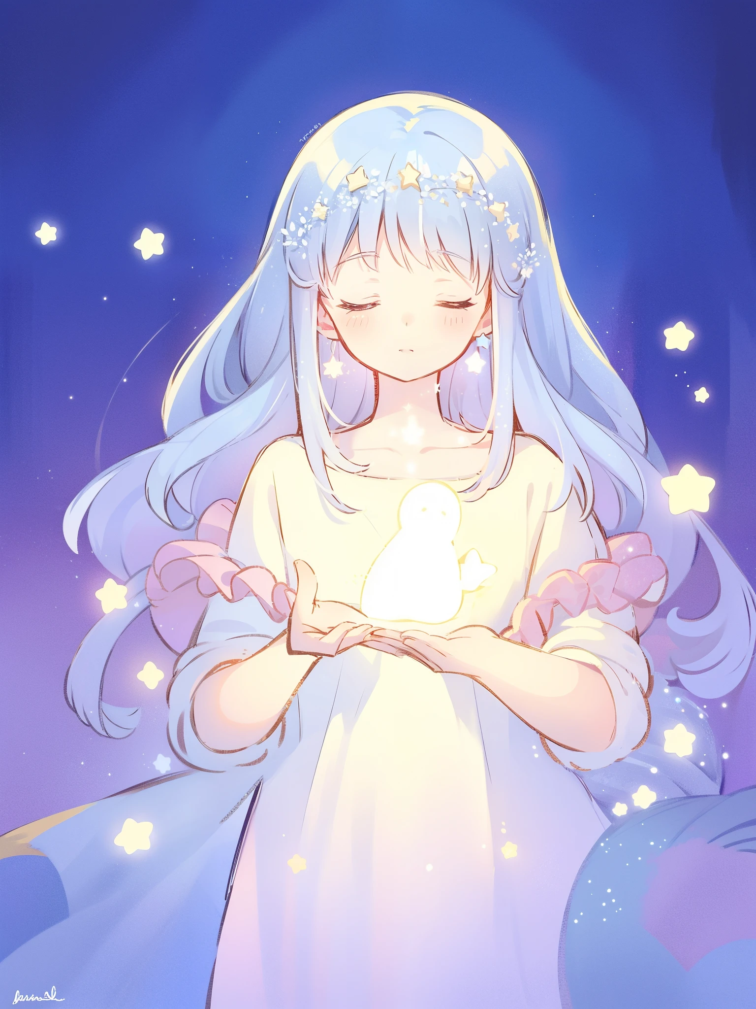 wishing star background, goddess of the stars, beautiful woman holding a glowing star in her hands, magical, complex drawing, highly detailed, ethereal, starry night, midjourney style