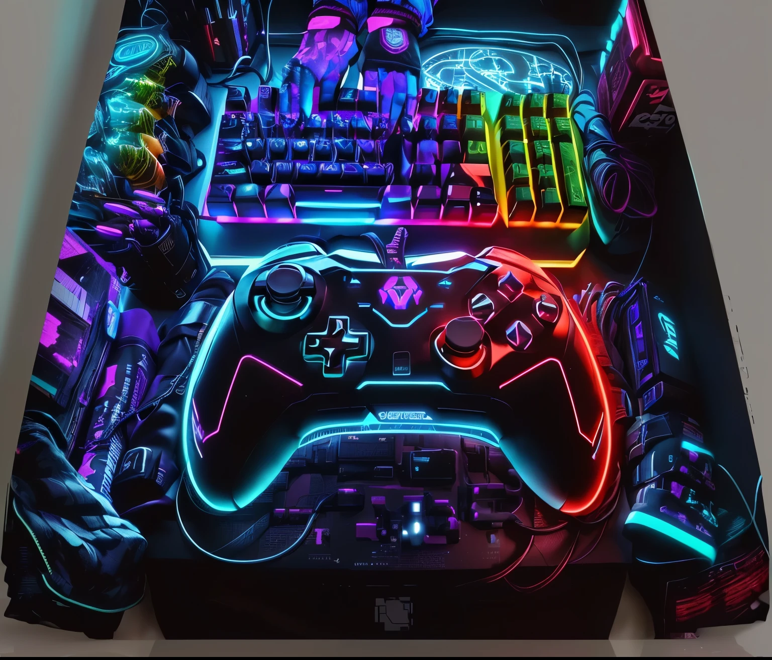 Close up of a shirt with a game controller, game player themed, game player aesthetic, internet style, game players keyboard, Video game style, Cyberpunk Streetwear, Neon cyberpunk style, wearing Cyberpunk Streetwear, Cyberpunk atmosphere, Game Art, cyber future jacket, game player, cyberpunk futuristic neon, cyberpunk vibrant colors, cyberspace style, Video game inspiration, leadership game, Cyberpunk neon lights