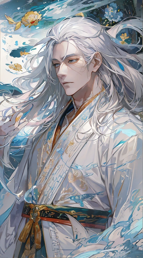 A pixiv competition winner, mature boy, tall muscular, fantasy art, white-haired god, beautiful character painting, guvez style artwork, dazzling gaze of Yuki Onna, guweiz, long white hair, flowing hair and robes, delicated eyes, illustrations, fine lines, deep color, golden fish swimming around him
