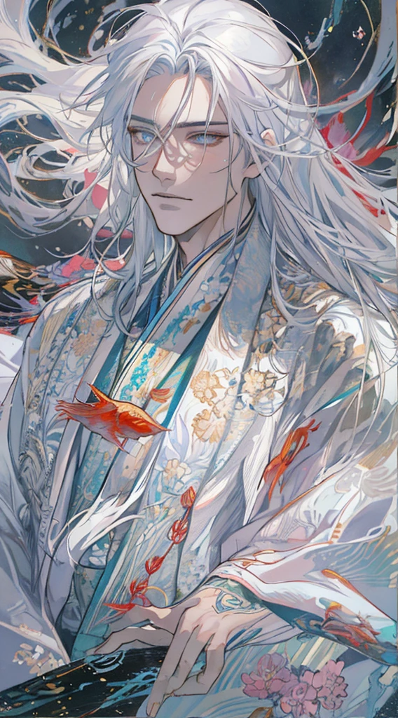 A pixiv competition winner, mature boy, tall muscular, fantasy art, white-haired god, beautiful character painting, guvez style artwork, dazzling gaze of Yuki Onna, guweiz, long white hair, flowing hair and robes, delicated eyes, illustrations, fine lines, deep color, golden fish swimming around him