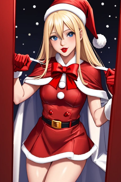 Black Magician Gilles Christmas version. blue eyes. Blonde, Red lips. Wearing a sexy Santa Claus suit. Red mini skirt. White Cape, Red blouse, red christmas hat, Santa's sleigh ride. Background of stars and snow falling from the sky. A sense of justice and sensual, sexy poses.