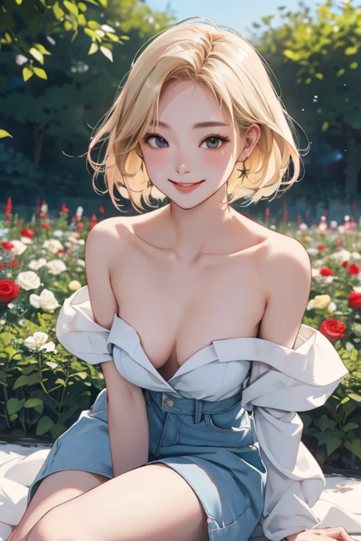 Outdoor、garden、blue sky、(Rose Garden、Red and white)、Scenery of a park filled with seasonal flowers in full bloom、(smile)、Young 1 female、Short blonde bob、(Full nudity)、Focus on the chest、The abdomen is visible、Leg gap、Focus on pubic hair、Underarm、Above the knee shot、smile、 Looking at the audience、  highest quality、High resolution,  8k, masterpiece,