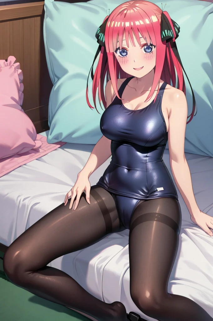 best quality, ultra-detailed masterpiece, nino nakano, one-piece swimsuit, breasts, pantyhose, blush, smile, cushion, bed room