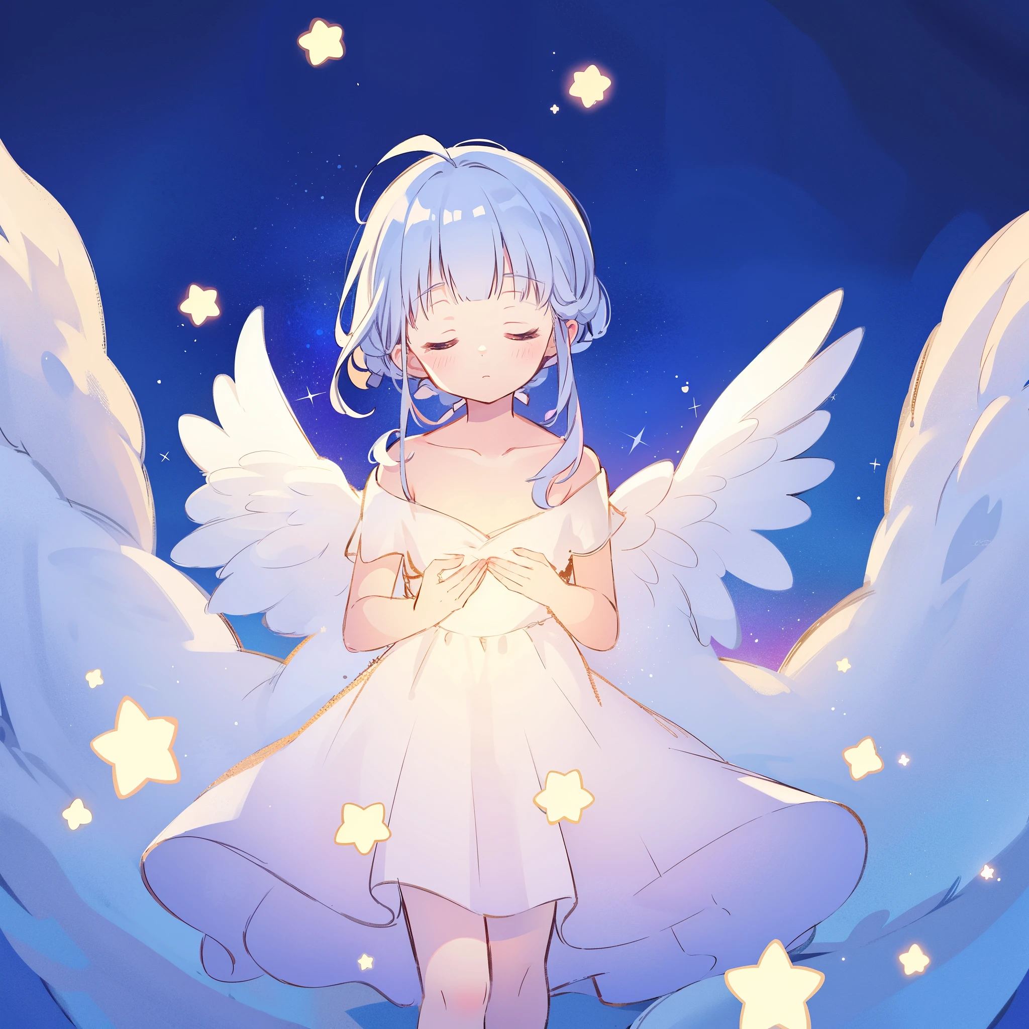 wishing star background, angel girl wearing an ethereal translucent dress that reflects the stars, magical, whimsical, fantasia, dreamy, serene composition, masterpiece, best quality, perfection, complex drawing, highly detailed, ethereal, starry night, midjourney style