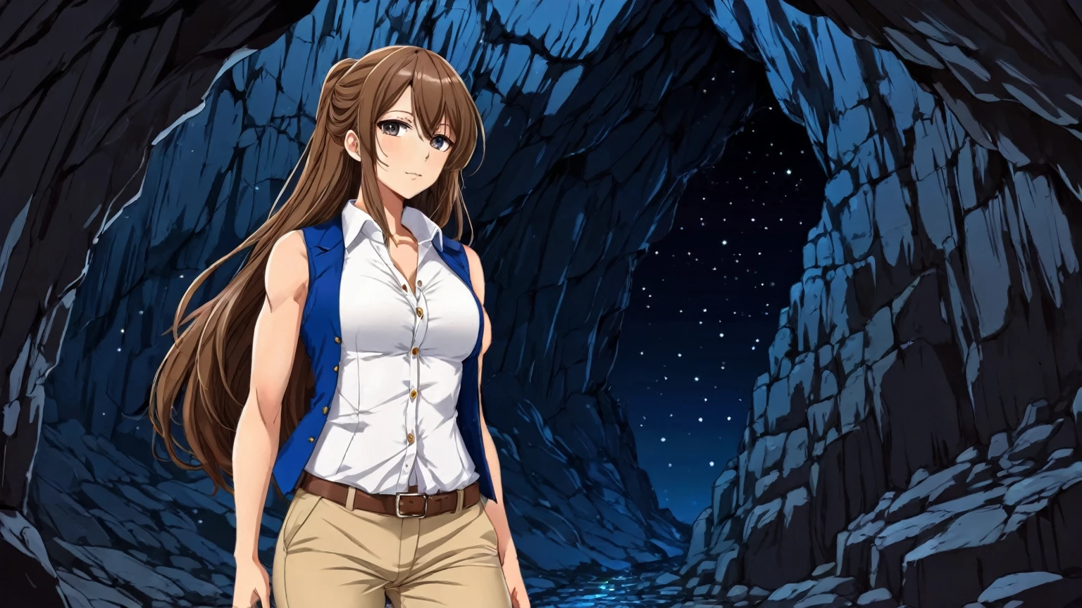 beautiful sexy anime girl with long brown hair & a muscular body, wearing white sleeveless button up collared shirt with a blue vest over it & beige khaki pants, inside of a dark cave in a dark night sky, 1girl