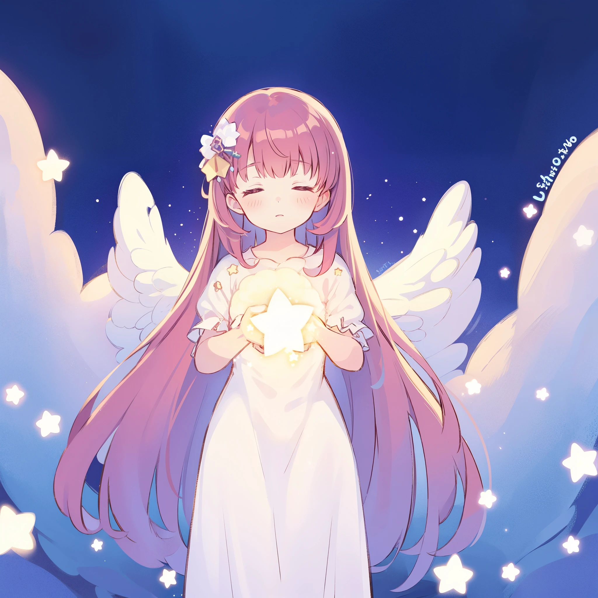 wishing star background, angel girl wearing an ethereal translucent dress that reflects the stars, magical, whimsical, fantasia, dreamy, serene composition, masterpiece, best quality, perfection, complex drawing, highly detailed, ethereal, starry night, midjourney style