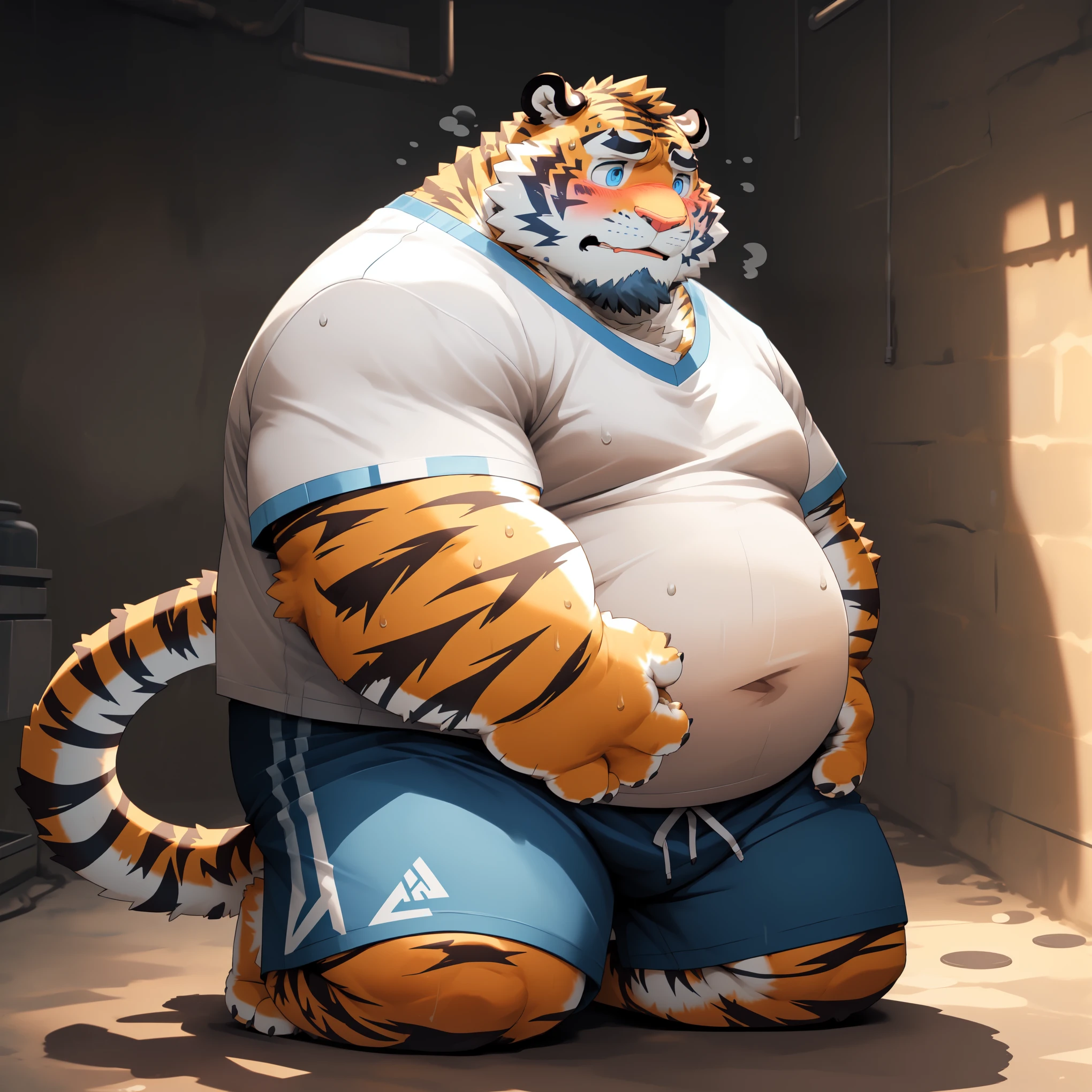 New Jersey 5 Furry,Tiger,Solitary,Chubby,Fat,Thick arms,Rugged muscles,shorts,orange Plush fur,Chubby Face,Black eyebrows,Sky blue eyes,Beard,(Gloomy basement),( White T-shirt,shorts),(Fold both hands),(blush),(Sweating),(Kneel down)