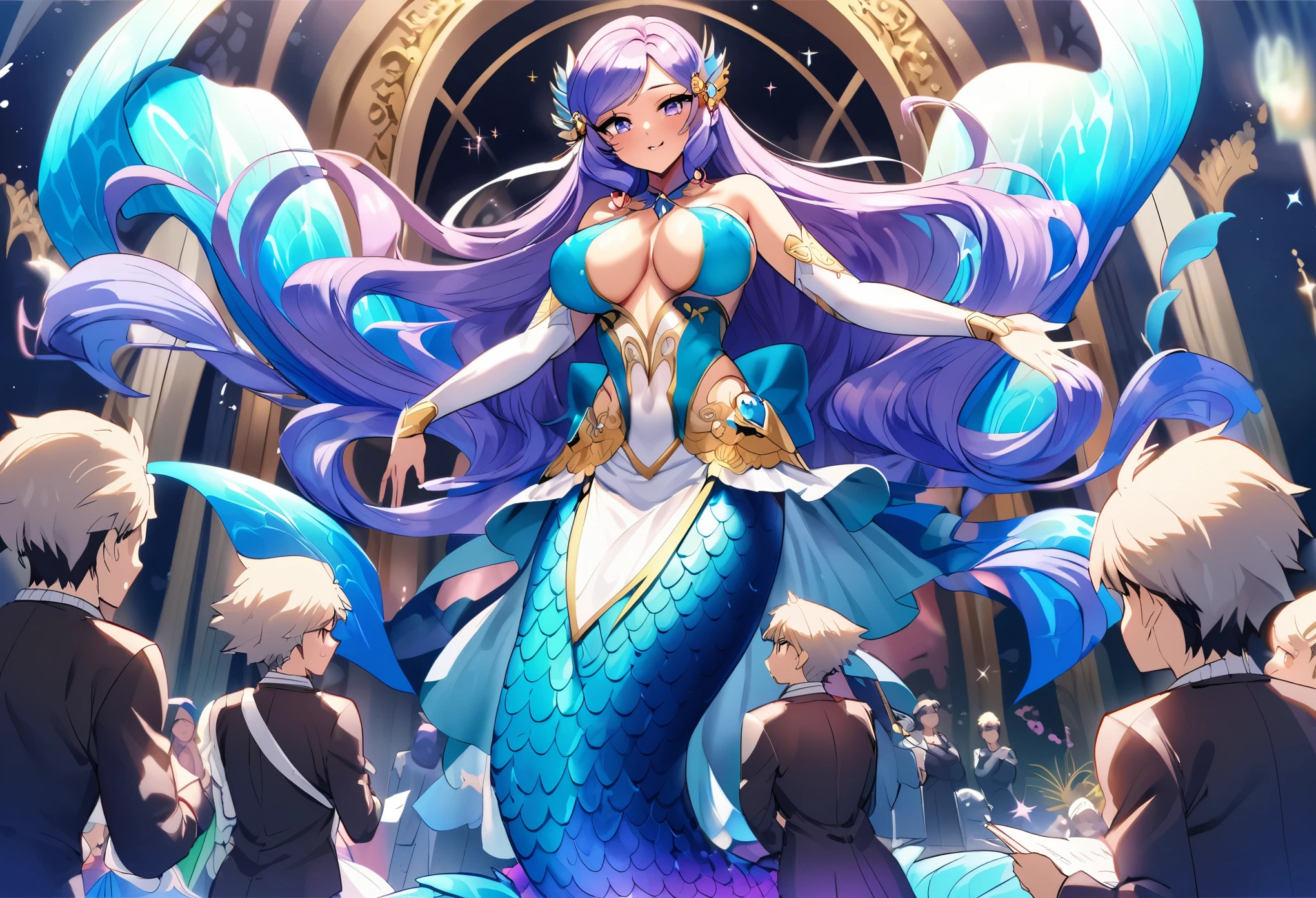 A mermaid princess (Filipina, age 20, extreme beauty, colorful tail length hair, intricate breast coverings, body lowery) is at an undersea gala meeting her handsome suitors