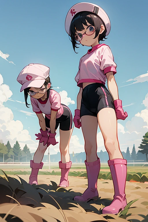 A pair of ugly elementary school girls with black hair and glasses wearing short-sleeved gym clothes and white rubber boots, large pink rubber gloves, and gym caps on their heads, working in the fields