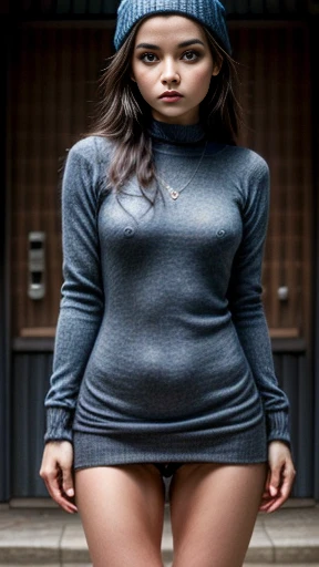 {(Jaimie Alexander 40, anos, usando (black thermal flannel leather Vestido curto with quadriceps marking - FashionLeg), e um ((moletom {azul}, with Stylish Toca De Frio Beanie in azul wool), (sensual)perfect symmetrical body, olhos perfeitos, boca perfeita, symmetrical perfect face, cintura fina, coxas musculosas}, Symmetrical face, hiper realista.