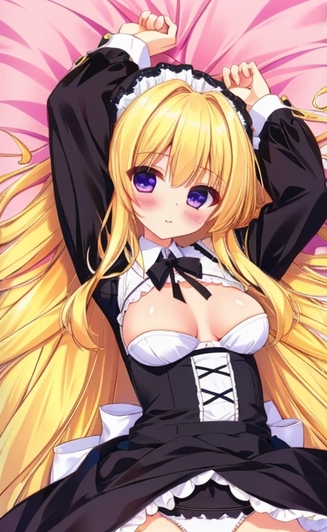 Beautiful long blonde Girl in black maid outfit Long sleeve Shyness Lying on the bed Put your hands up No underwear Small breasts