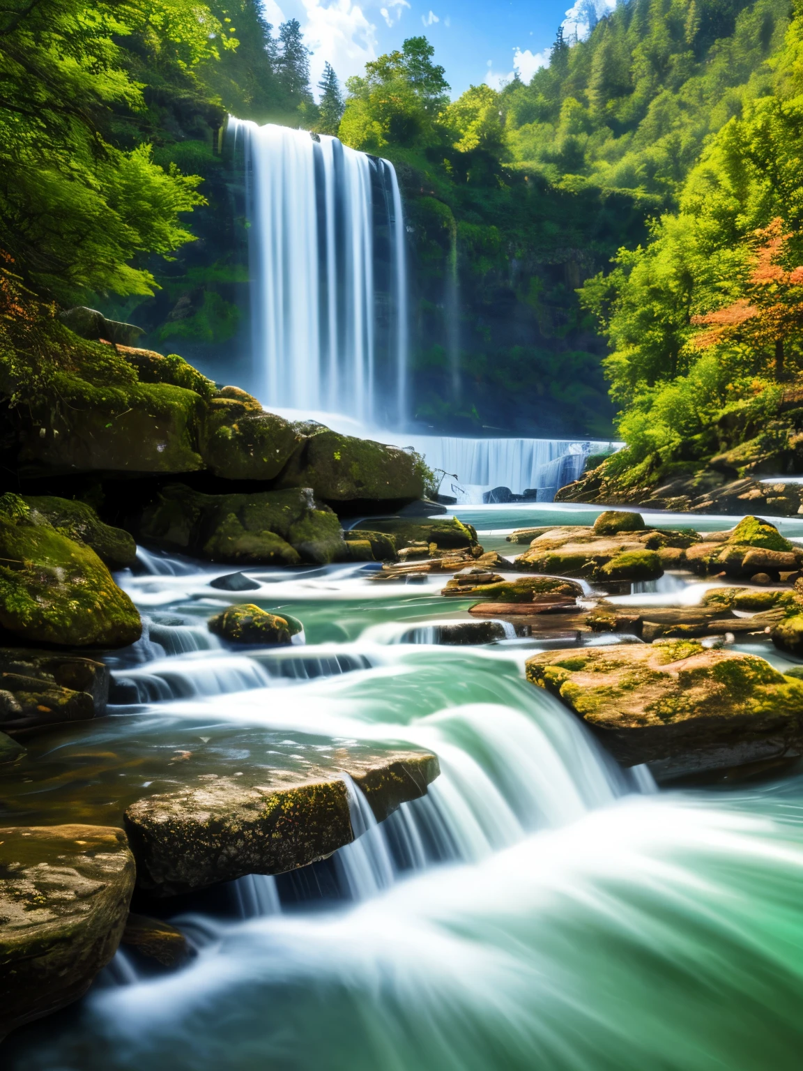 A chaotic rushing waterfall in a serene beautiful landscape, ray tracing, detailed reflections, Intricate, High Detail, dramatic, best quality masterpiece, photorealistic, detailed, 8k, HDR, backlighting, bloom, light sparkles, chromatic aberration, sharp focus