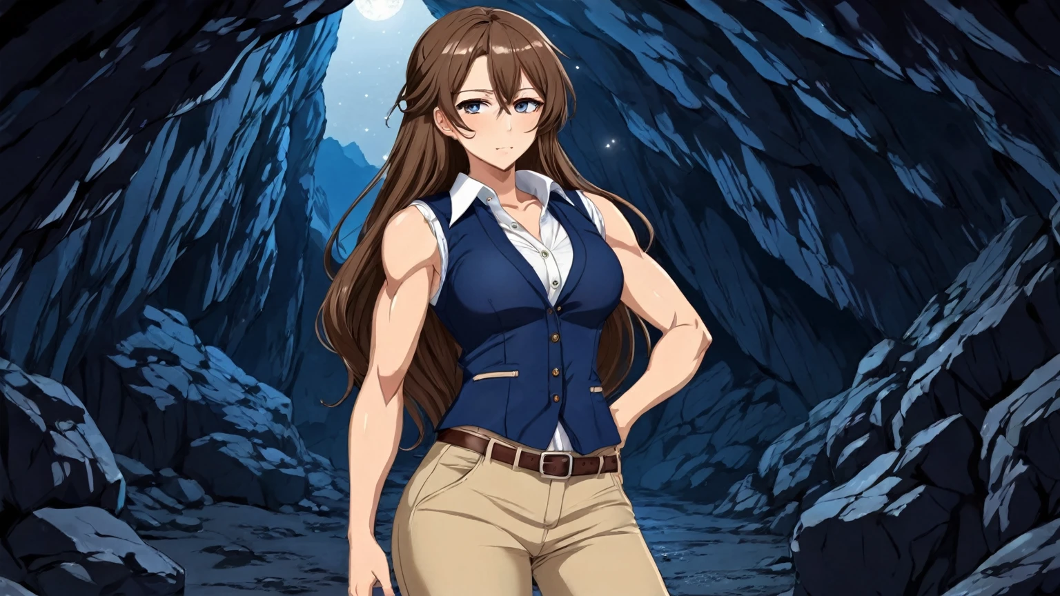 beautiful sexy anime girl with long brown hair & a muscular body, wearing white sleeveless button up collared shirt with a blue vest over it & beige khaki pants, inside of a dark cave in a dark night sky, 1girl