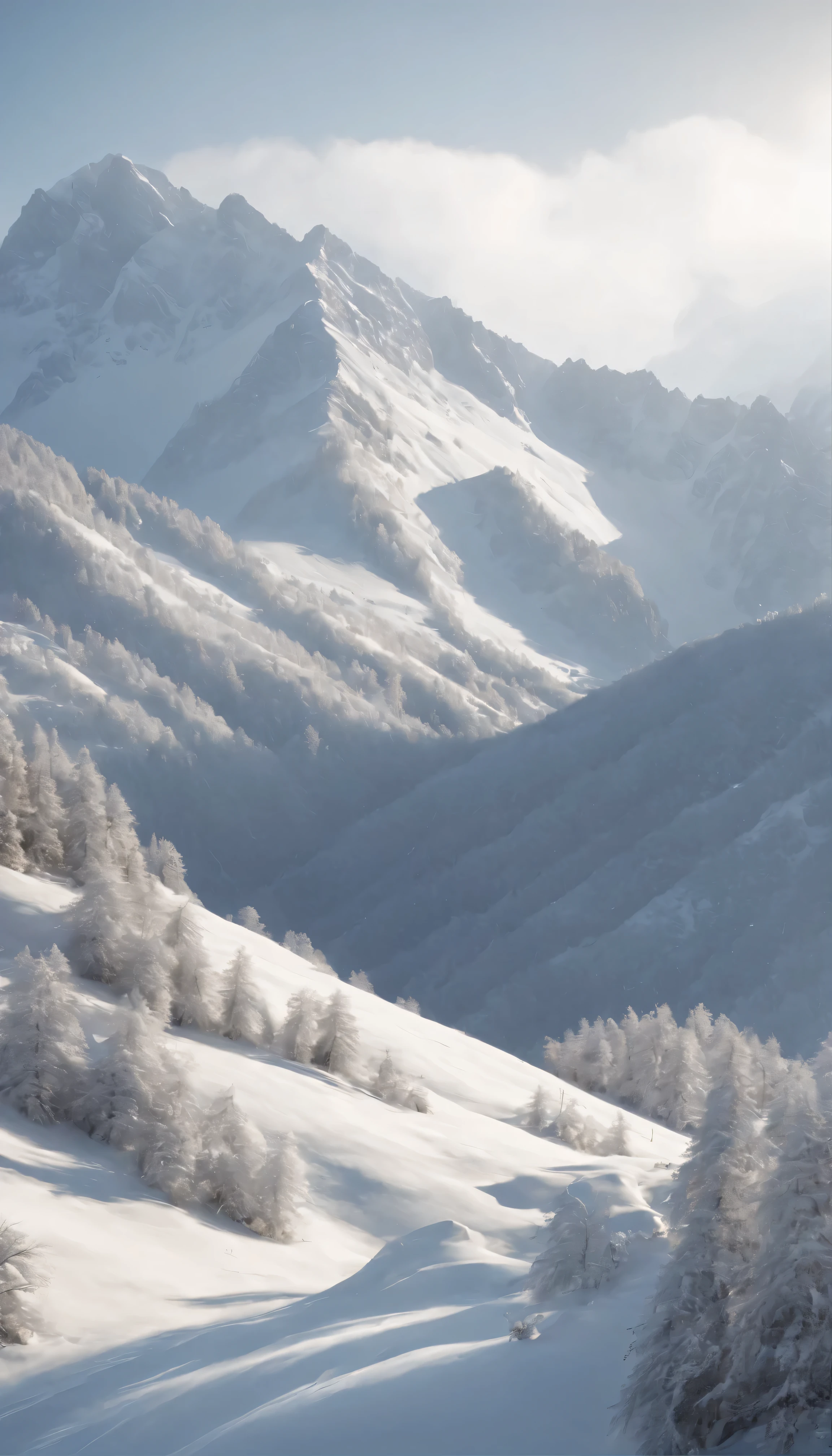 Majestic Mountain valley landscape decorated with pines gracefully nestled at the foot of the mountain peaks、It features snow-capped mountain peaks shining under the cinematic lights.。This highly detailed 8K scene is beautifully rendered in Octane.、Boasts intricate, highly detailed elements that create a hyper-realistic atmosphere。The landscape is illuminated with HDR lighting.、Realistic shadows are elegantly cast across the terrain.、Enhances depth and three-dimensionality。Mountain、snow、The intricate details of the bark are beautifully highlighted.、It produces photorealistic images that are nearly indistinguishable from reality.。This art piece is trending