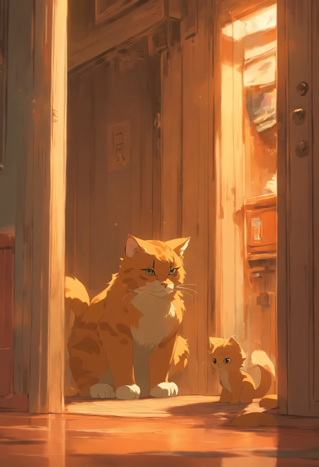 The big cat is in another room and sees the kitten playing with the phone again. The big cat stands at the doorway, looking puzzled and confused. The kitten is sitting on the floor, still engrossed in the phone.