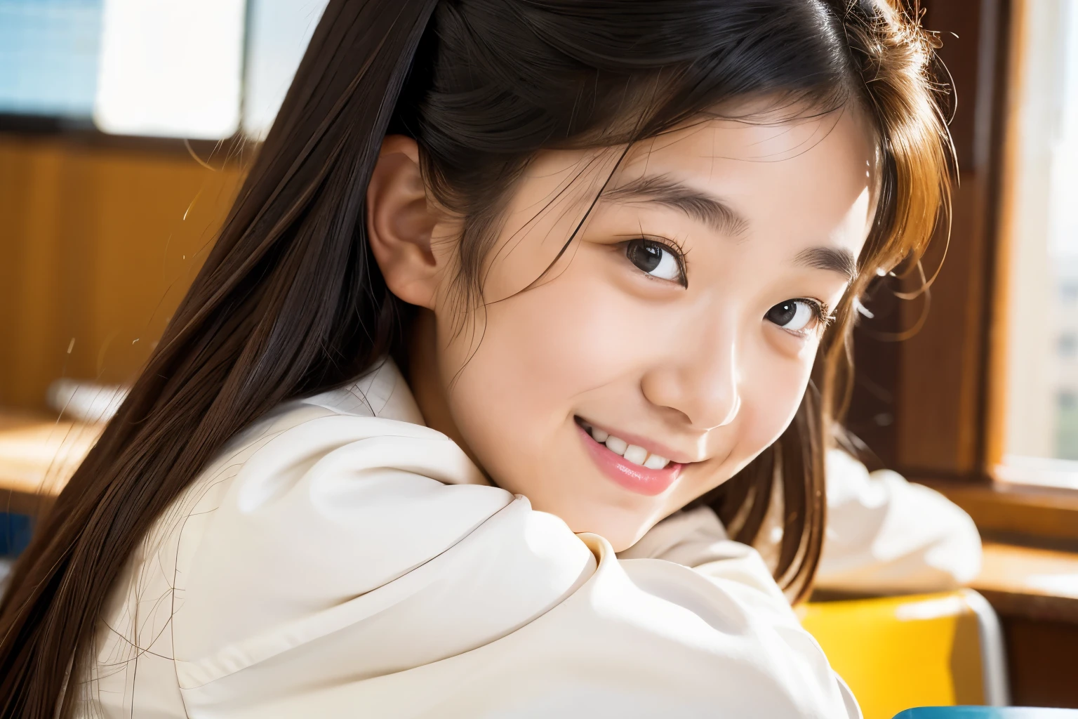 lens: 135mm f1.8, (highest quality),(RAW Photos), (Tabletop:1.1), (Beautiful 13 year old Japanese girl), Cute Face, (Deeply chiseled face:0.7), (freckles:0.4), Speckled sunlight, Dramatic lighting, (uniform), (In the classroom), shy, (Close-up shot:1.2), (smile)