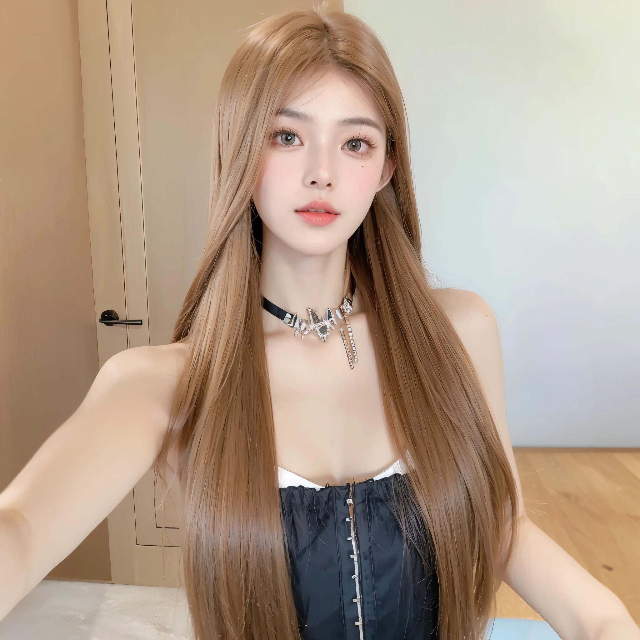 Honey tea flax long straight hair,The background is simple and clean,Natural and beautiful hair