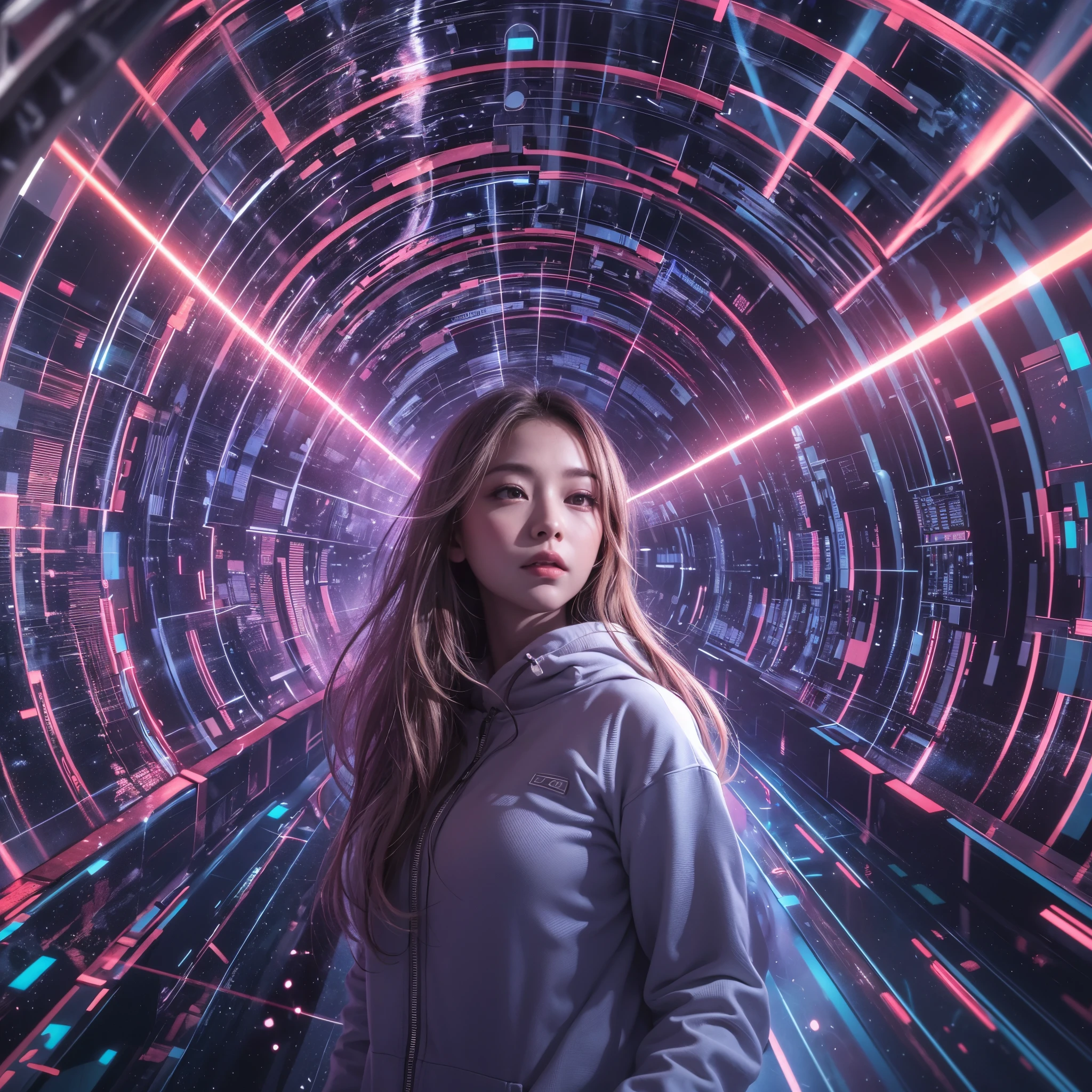 Best quality，masterpiece，16k,Artistic，Polar coordinates luminous tunnel，In the curved space-time channel，In the space-time wormhole，Science Fiction，Complex structure，1girl，Dynamic poses，Looking at the camera，