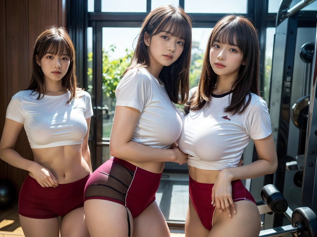 (RAW photo, 4k, masterpiece, high resolution, extremely complex) (realistic: 1.4), cinematic lighting
((2 girls)),Slam Dunk's,blushing,((innocent)),(Dark makeup),bright eyes,round eyes,blunt bangs,(straight hair:1.3),black hair,large breasts,wide hips,Summer Noon, 15 year old girl、cute type、ta,Hot, (Best Quality), (Highres), (an Extremely Delicate and Beautiful),(Beautiful 8k face),(Brown eyes),short bob hair,( spectators),(gigantic breasts),(Play with each other,Touching each other's bodies,Touching the body),(School-specified gym clothes, white gym uniform, short sleeve, wine red tight bloomers, tuck in),(reality),bright lighting,(The background is a luxury hotel room)