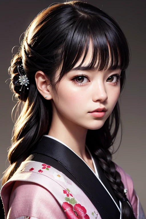 photo realistic bokeh portrait of a beautiful 18-year-old Japanese girl, hair in french braid, wearing a black textured kimono with floral elements, searing look, big eyes, gorgeous lips, kissy face, clear skin, rim lighting, studio