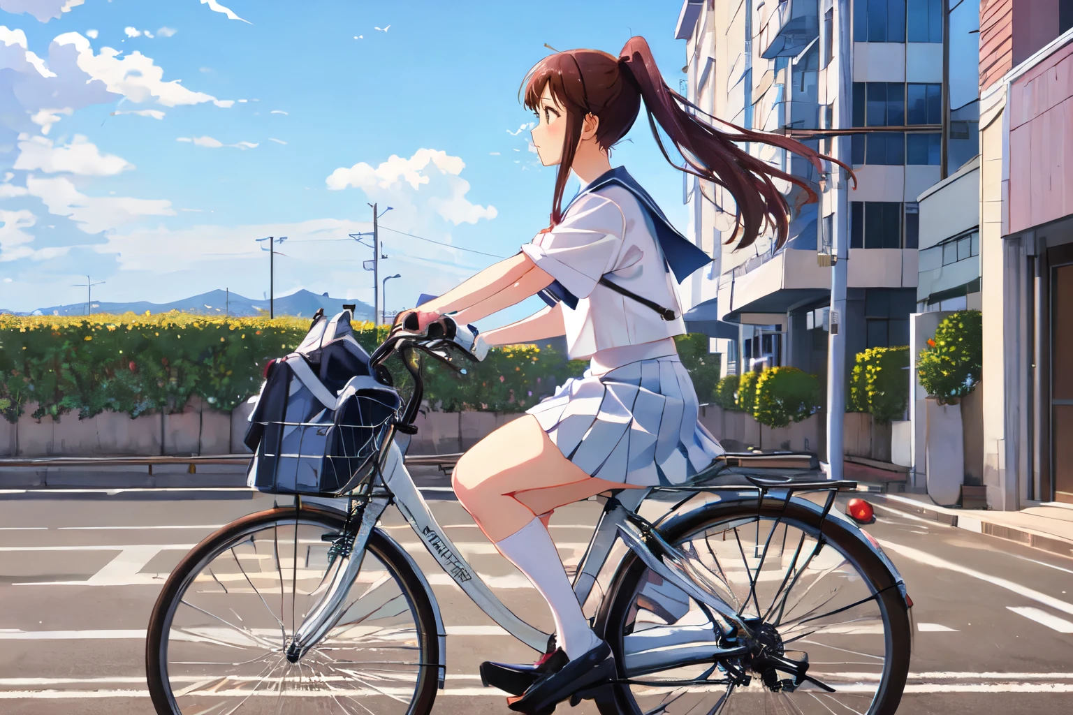 (masterpiece, highest quality:1.2), Reality、4K Anime Art、High girl riding a bicycle, alone、whole body、ponytail、White Sailor Suit,Long pleated skirt、