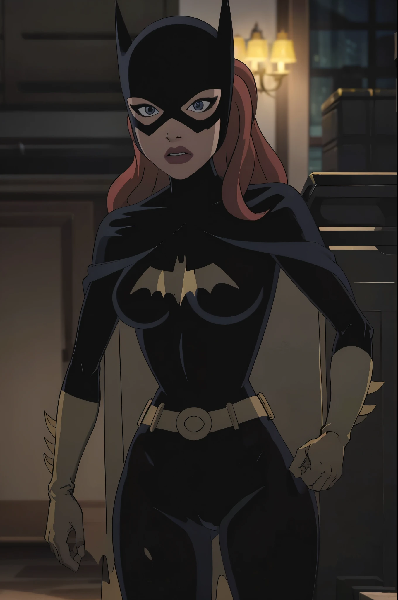masterpiece, best quality, 1girl, solo, high resolution,
CARTOON_batgirl_ownwaifu, mask, long hair, green eyes, bodysuit, breasts, cape, domino mask, belt, medium breasts, superhero, gloves, lips, black bodysuit, helmet, belt buckle, horns, bat_print, bag,