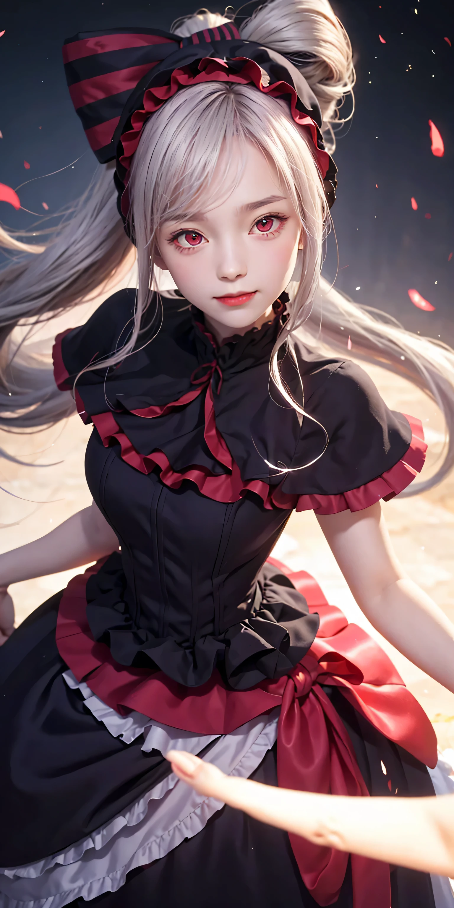 , best quality, ShalltearV4, 1girl, solo, dress, frills, bow, hair bow, fang, slight smile, pale skin, glowing, glowing eyes, portrait