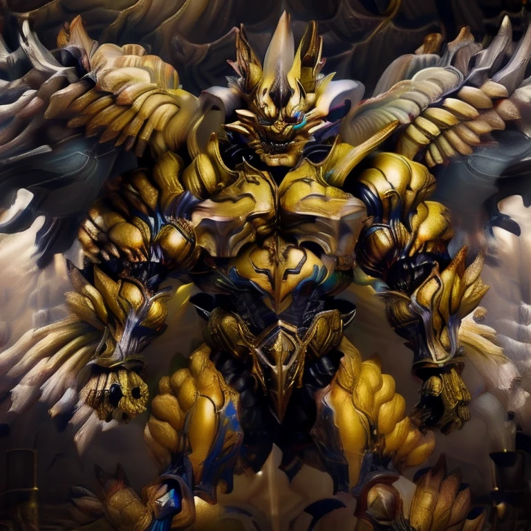 (Pokémon) (Zeraora), (masterpiece, best quality, detailed:1.2), (nj5furry), (medieval armor:1.3) sparkling skin, Vibrant colors, 4K, GOLD armor, GOLDEN armor, Its full plate armor emphasizes the muscles. big muscle (pecs, triceps, traps) unusually developed muscular body, body full of huge muscles. showing off muscles, pectorales enormes. Exaggeratedly huge muscles. Gigachad Muscular, Very muscular, Large pecs, Spread wings, It has wings. have big wings. has 10 large wings. It has large golden wings. The feathers on its wings are detailed and realistic. FULL BODY, giant, huge body, long legs, gigantic, City background, skyscraper, futuristic city, super hero, hero, massive muscles, huge pecs, chiseled abs, huge pectorals, exaggeratedly huge muscles. METALLIC, shine like metal, Godzilla