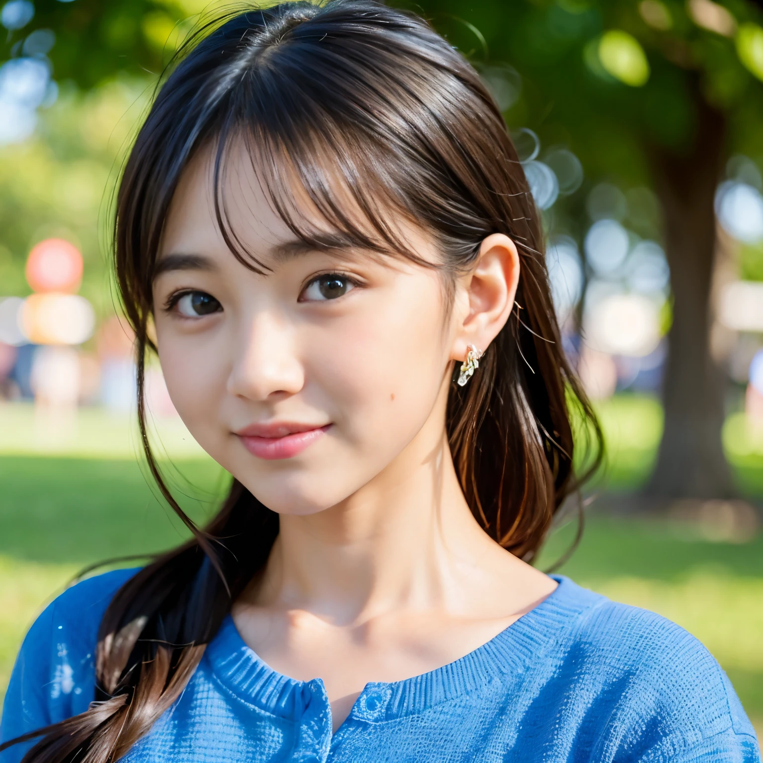 (Best-quality, Masterpiece, Ultra-High-Resolution, (Photorealistic:1.4), Raw Photo, depth of field, professional lighting, perfect anatomy, extremely details), 1girl, 15-years-old, the most famous Japanese idol, upper body, at amazingly beautiful park, ((wearing the latest fashion)), (extremely cute face like the most popular Japanese idol, ((extremely cute and extremely big eyes)), extremely cute hair, extremely beautiful skins), extremely cute cheeks, extremely cute long-eyelashes, extremely cute lips, looking at viewer, innocent smile, detailed amazingly-beautiful-park