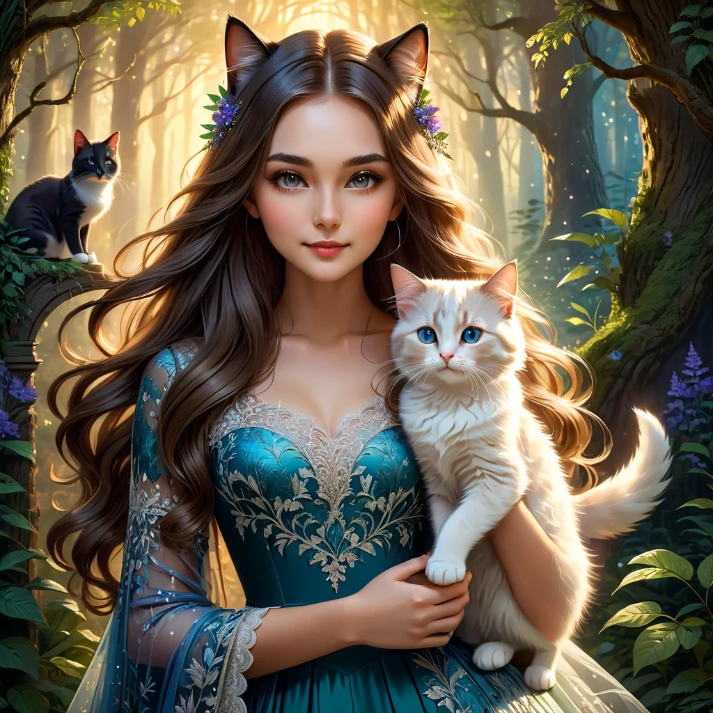 A beautiful girl with a cute cat, elegant dress, long flowing hair, detailed facial features, intricate lace pattern on dress, warm lighting, magical fantasy forest background, highly detailed, 8K, photorealistic, vibrant colors, dramatic composition