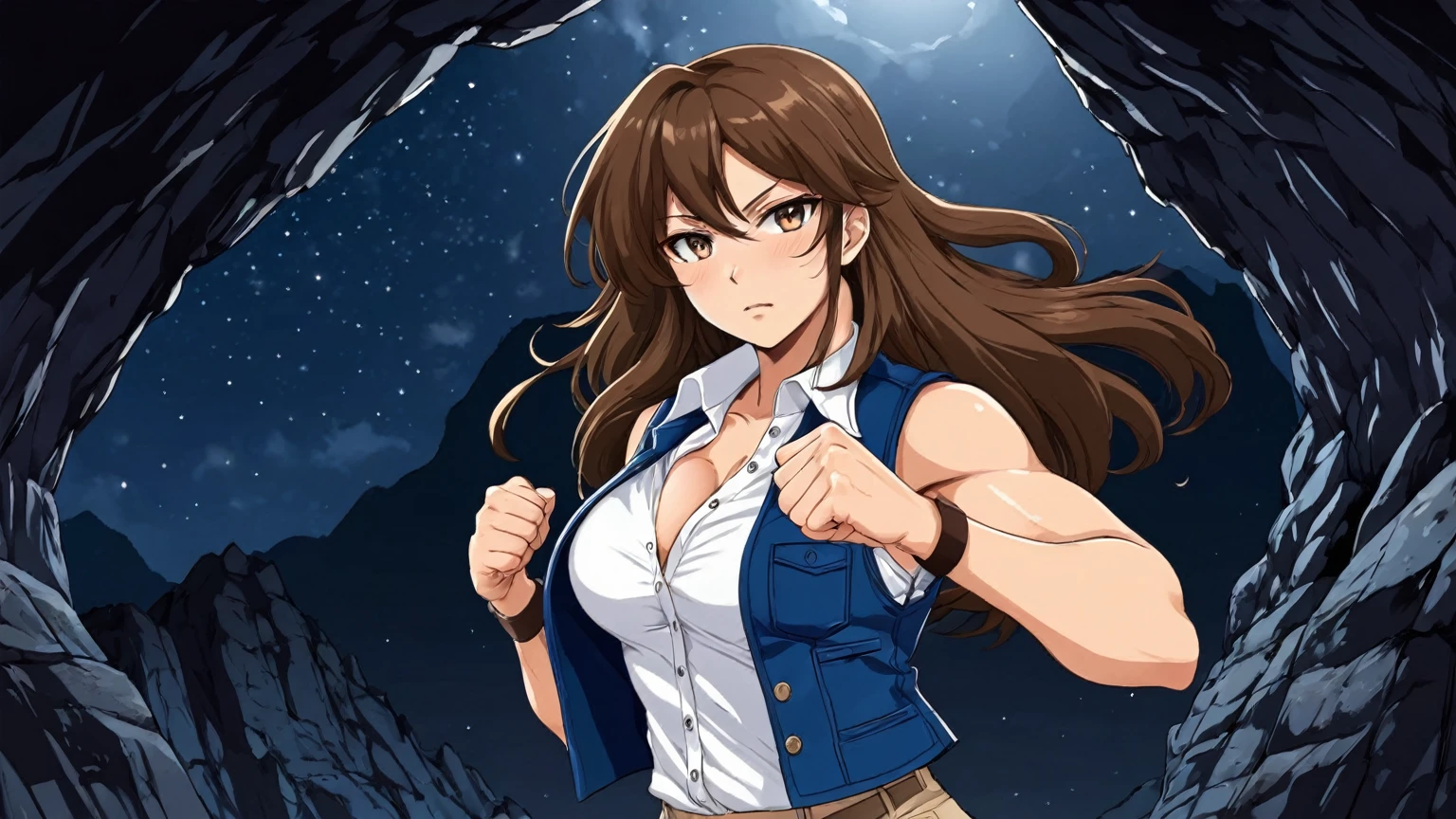 beautiful sexy anime girl with long brown hair & a muscular body, clenching her fists, fight idle pose, wearing white sleeveless button up collared shirt with a blue vest over it & beige khaki pants, inside of a dark cave in a dark night sky, 1girl