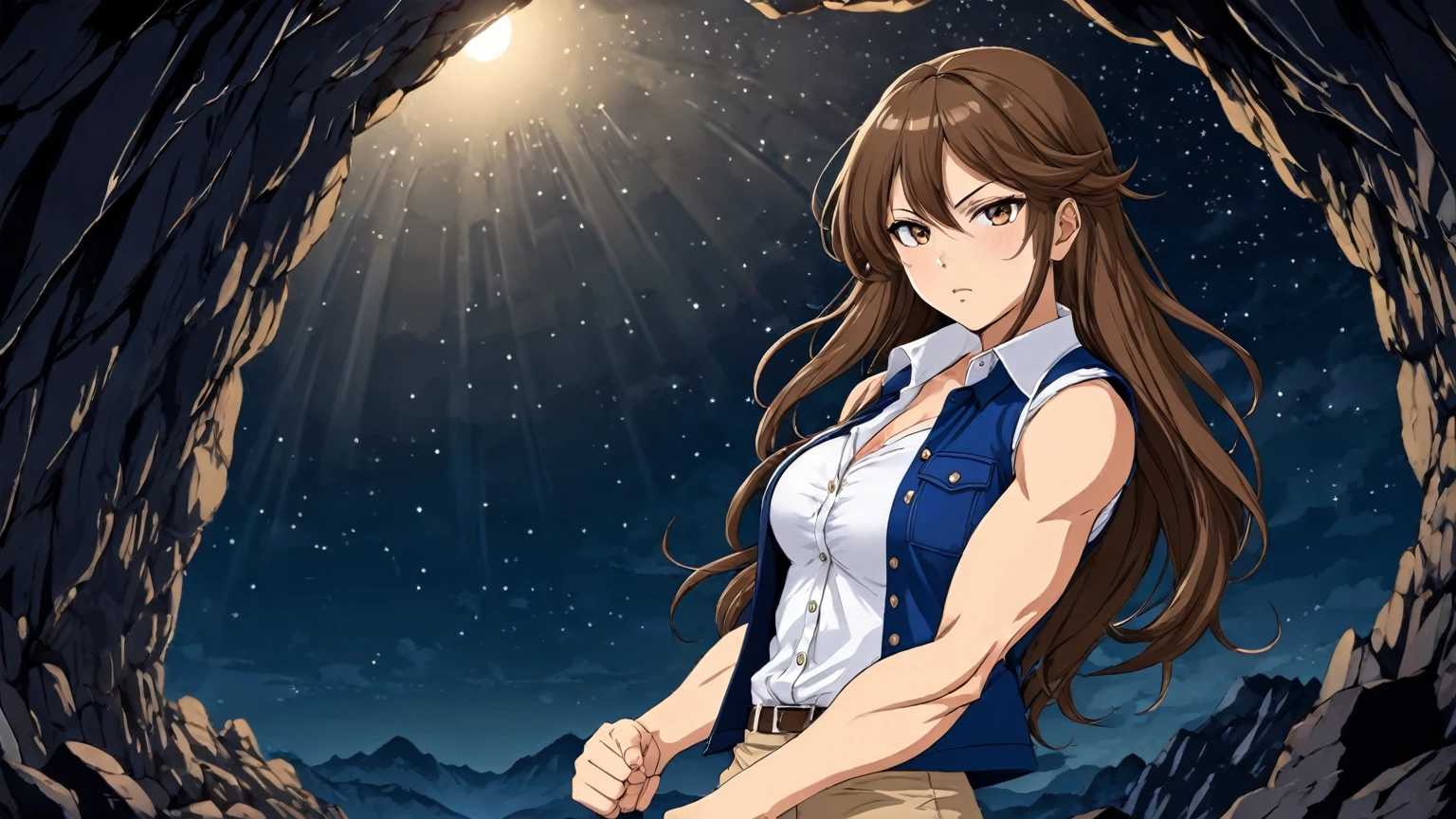 beautiful sexy anime girl with long brown hair & a muscular body, clenching her fists, fight idle pose, wearing white sleeveless button up collared shirt with a blue vest over it & beige khaki pants, inside of a dark cave in a dark night sky, 1girl