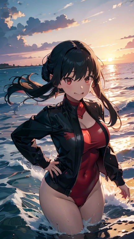 Yor Forger,Big Breasts,Red swimsuit,Black jacket,Twilight Look,Mouth of joy,Seaside at sunset,