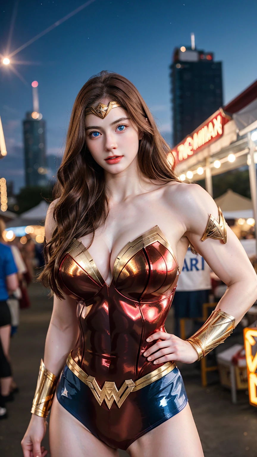 1 Girl, Beautiful, Baby Face, 20 Years Old, White Skin, pale skin, Posing, ((muscles:1.3)), Colossal Breast, Shiny Red-Gold Realistic Wonder Woman Mecha Outfit, Blue Eyes, Night Market Outdoor, brown Hair, HDR, 8k, Marterpiece, Extremely Realistic Detailed, Extreme Lighting, Extremely Best of Photography
