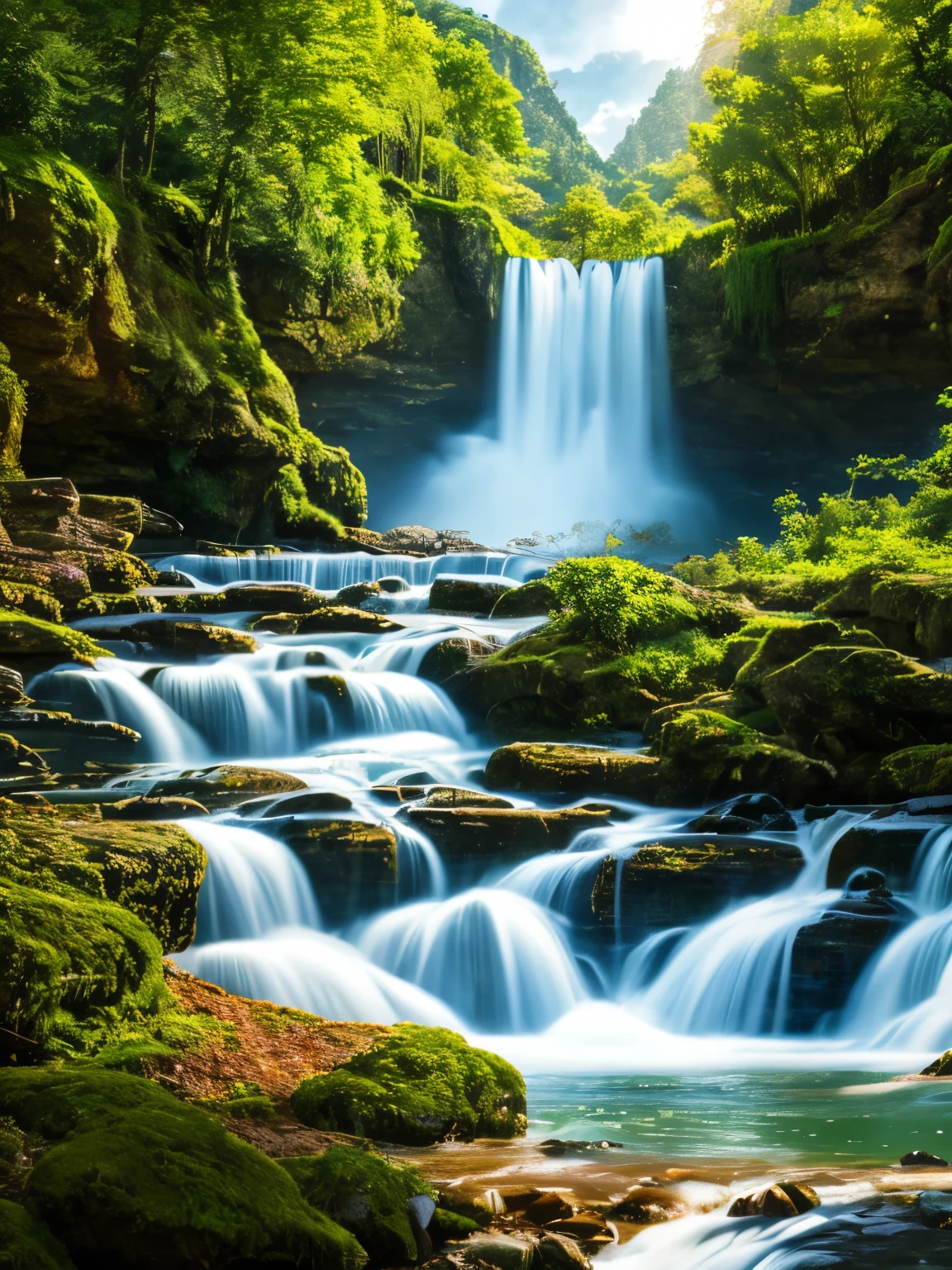 A chaotic rushing waterfall in a serene beautiful landscape, ray tracing, detailed reflections, Intricate, High Detail, dramatic, best quality masterpiece, photorealistic, detailed, 8k, HDR, backlighting, bloom, light sparkles, chromatic aberration, sharp focus