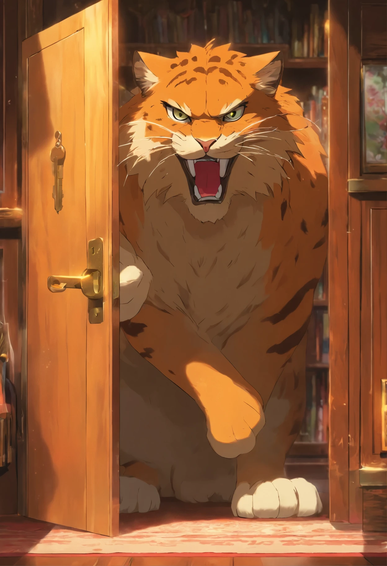 The big cat returns to the living room and checks the cabinet, finding the lock broken. The cabinet's lock is damaged, and the door is half-open. The big cat's expression changes to one of anger and confusion.
