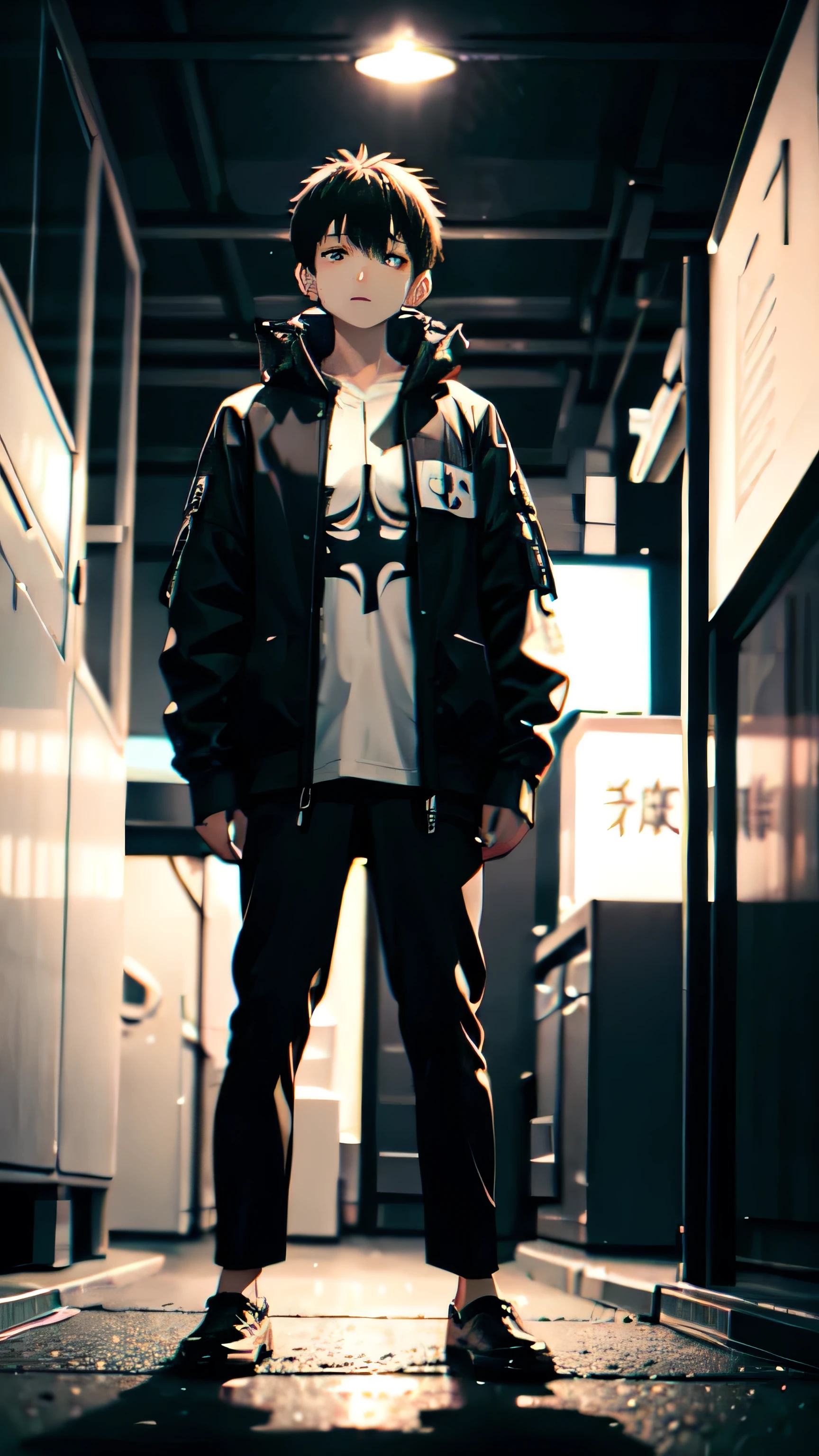 A man/boy, skin litle bit brown asian skin, small head, oval asian tepared face, kinda beautiful face, no expression so cold, with sharp shape eye, coma hair litle bit mess, thin, and ear a litlte bit large, age 16, wearing jacket cyberpunk, in midle of night, take picture of her full body, take picture he standing so far at night, he angry, repair the eye