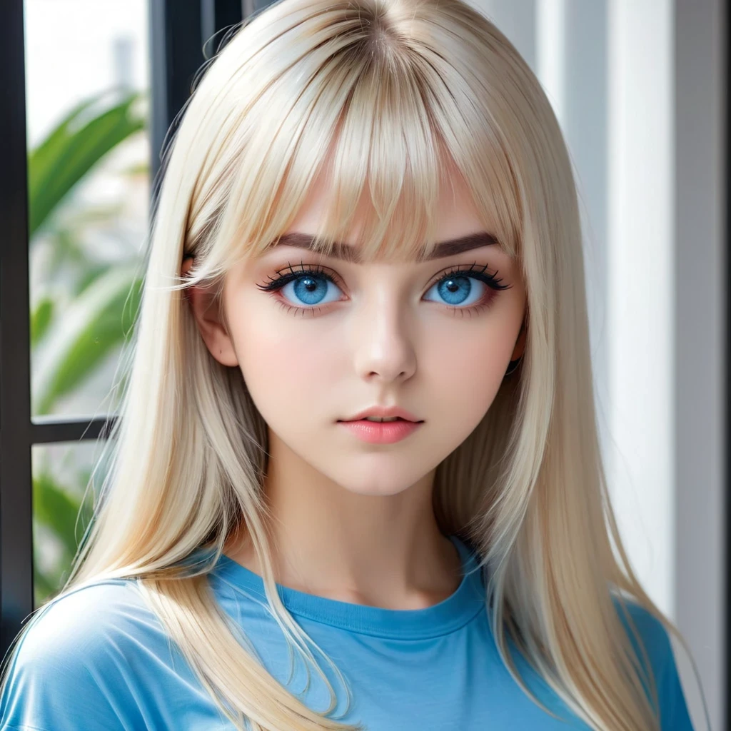 Unparalleled beauty, shiny shiny firm and shiny skin, bangs between eyes, shiny straight beautiful platinum blonde, super long straight silky hair, eyeliner, sexy beautiful innocent ************, high definition big big beautiful bright blue eyes, beautiful and lovely girl, baby face, short sleeve shirt