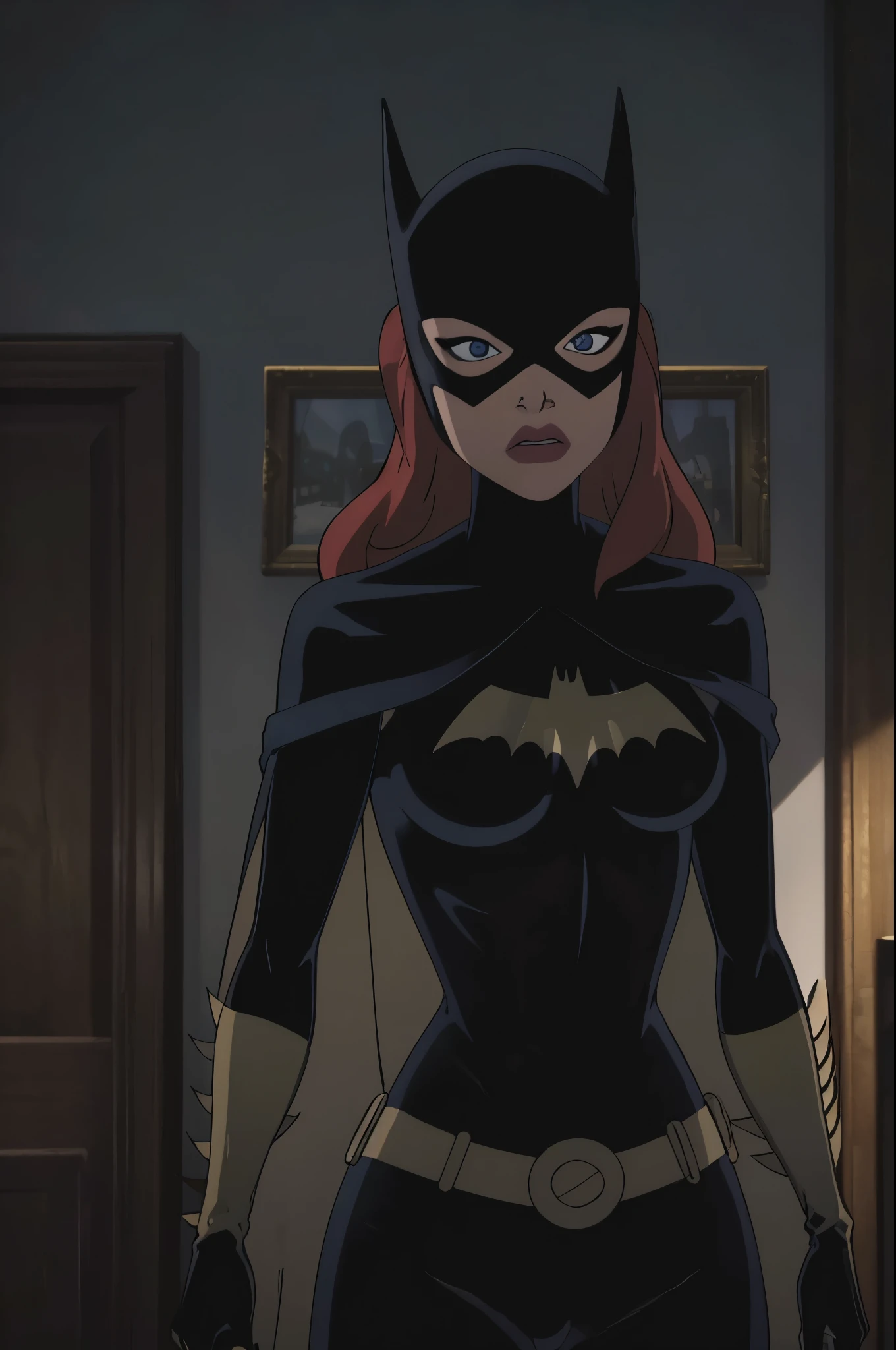 masterpiece, best quality, 1girl, solo, highres, scenery,
CARTOON_batgirl_ownwaifu,www.ownwaifu.com,mask,long hair,blue eyes,bodysuit,breasts,cape,domino mask,belt,medium breasts,superhero,gloves,lips,black bodysuit,helmet,belt buckle,horns,bat_print,pouch,