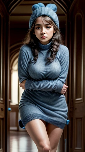{(Marguerite MacIntyre 42, anos, usando (black thermal flannel leather Vestido curto with quadriceps marking - FashionLeg), e um ((moletom {azul}, with Stylish Toca De Frio Beanie in azul wool), (sensual)perfect symmetrical body, olhos perfeitos, boca perfeita, symmetrical perfect face, cintura fina, coxas musculosas}, Symmetrical face, hiper realista.