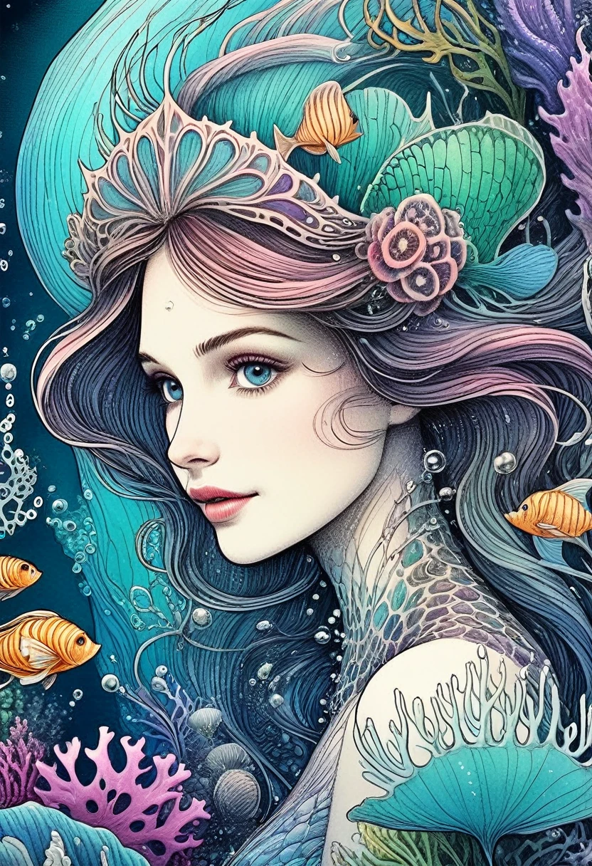 (zentangle, datura, fractal, enrejado), (surreal fractal art:1.3), (bioluminiscente mechanical mermaid princess:1.5), (highly detailed, 8k, beautiful epic ocean scene with marine life), (photorealistic, cinematic lighting, dramatic, stunning composition), (breathtaking colors, vibrant, glowing), (otherworldly, ethereal, mystical)