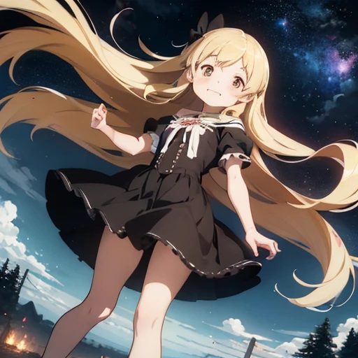 Highest_quality:1.4, Very long term, Very big eyes, (), (upon), very small stature, Blonde, (low long hair:1.4), Brown eyes, barefoot, Heel, Laughter, Puella Magi Madoka, machine gun, Black ruffles, night, witch