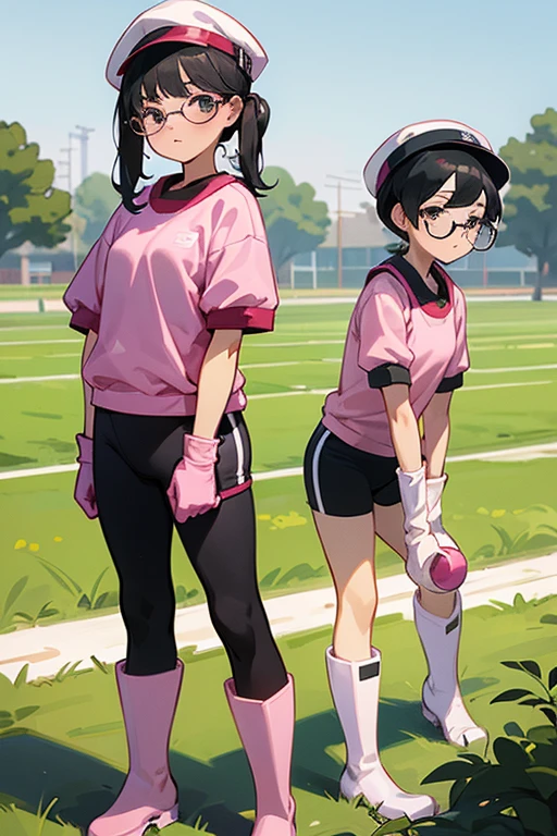 A pair of ugly elementary school girls with black hair and glasses wearing short-sleeved gym clothes and white rubber boots, large pink rubber gloves, and gym caps on their heads, working in the fields