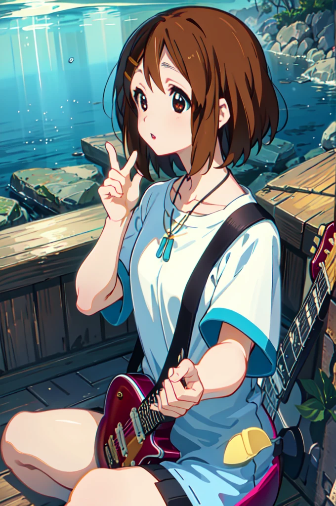 1girl, , (best quality, masterpiece:1.5), detailed, necklace BREAK (yui hirasawa:1.3)  (playing guitar:1.4), underwater, tropical fish