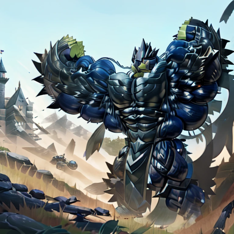 Urshifu, (gigantic muscles), 8K, Masterpiece, highres, Detailed head, black visor, Detailed Body, full body, Detailed abs, wearing crNanosuit, big muscle (pecs, triceps, traps) unusually developed muscular body, 
Colossal giant NANOSUIT over a battlefield, The claws are sharp, Sharp teeth, Spread wings, have big wings. black wings, nj5furry, Animal paws, castle, 