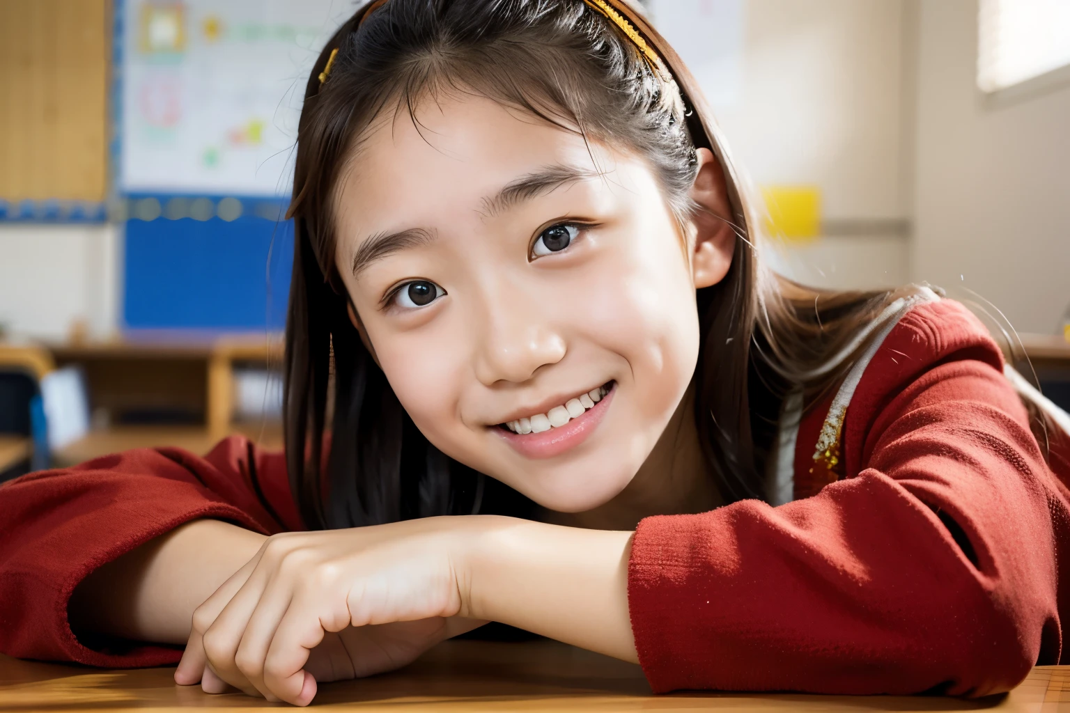 lens: 135mm f1.8, (highest quality),(RAW Photos), (Tabletop:1.1), (Beautiful  Japanese girl), Cute Face, (Deeply chiseled face:0.7), (freckles:0.4), Speckled sunlight, Dramatic lighting, (uniform), (In the classroom), shy, (Close-up shot:1.2), (smile)