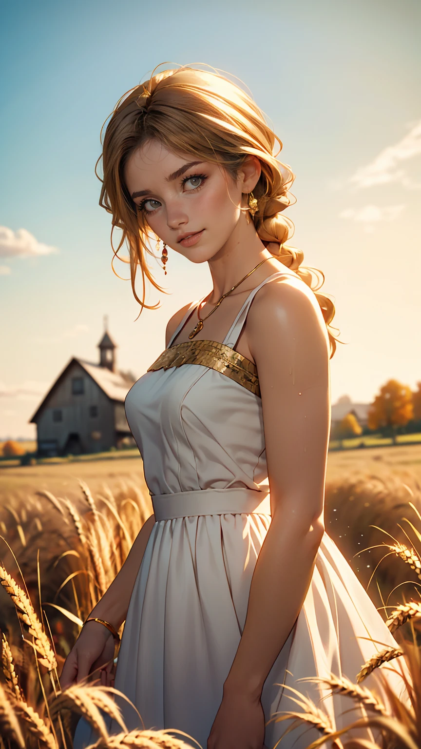 One girl, 20-year-old, Tall and attractive, Wearing a cute country dress, Braided hair, Standing on a rural farm. She's gentle, A kind smile and expressive eyes. A charming barn can be seen in the background., Golden wheat fields and clear blue skies. The composition should be bathed in warm golden hour light., The soft depth of field and soft bokeh accentuate the idyllic tranquility.. Capture images that look like they were shot on vintage 35mm film for added impact, movie,