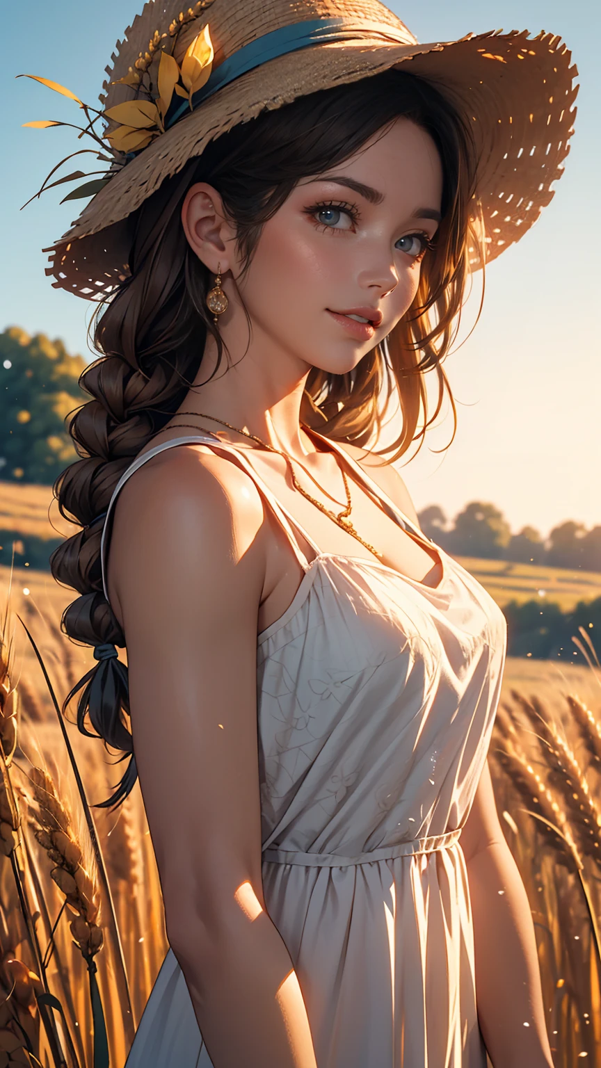 One girl, 20-year-old, Tall and attractive, Wearing a cute country dress, Braided hair, Standing on a rural farm. She's gentle, A kind smile and expressive eyes. A charming barn can be seen in the background., Golden wheat fields and clear blue skies. The composition should be bathed in warm golden hour light., The soft depth of field and soft bokeh accentuate the idyllic tranquility.. Capture images that look like they were shot on vintage 35mm film for added impact, movie,