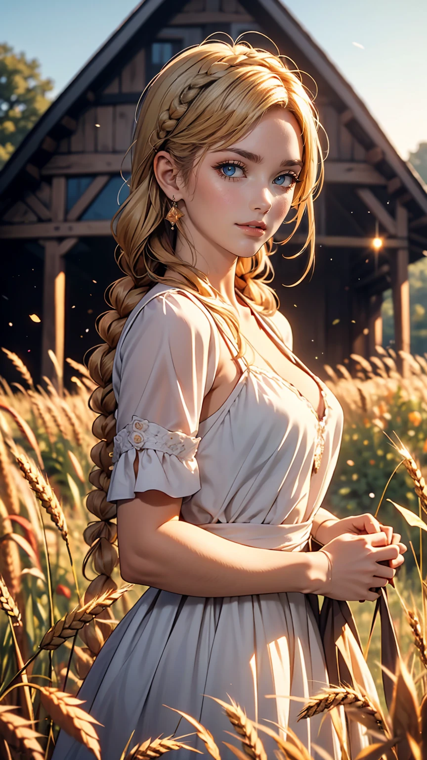 One girl, 20-year-old, Tall and attractive, Wearing a cute country dress, Braided hair, Standing on a rural farm. She's gentle, A kind smile and expressive eyes. A charming barn can be seen in the background., Golden wheat fields and clear blue skies. The composition should be bathed in warm golden hour light., The soft depth of field and soft bokeh accentuate the idyllic tranquility.. Capture images that look like they were shot on vintage 35mm film for added impact, movie,